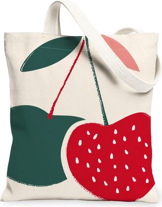 Generic Fruit Print Canvas Tote Bags, Stylish Cherries Design Reusable Grocery Bags, Summer Lightweight Washable Shoulder Strap Can, Cream, 13x15 Inch