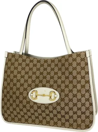 Gucci Beige White Gg Canvas Leather Shoulder Bag Tote Bag (Pre-Owned)