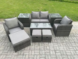 Fimous Rattan Lounge Sofa Set Outdoor Garden Furniture Set with Rectangular Coffee Table Love Sofa 2 Side Tables 3 Footstools in Dark Grey