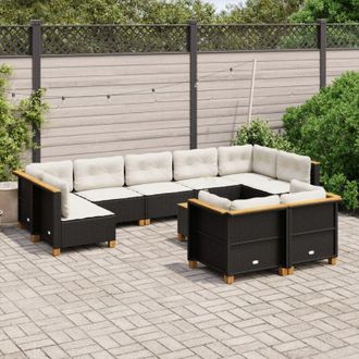 vidaXL Set De Sof&aacute;s De Jard&iacute;n 10 Pzas Cojines Rat&aacute;n Sint&eacute;tico Negro