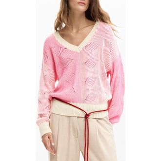 Desigual Colorblock Cotton Blend Pointelle Sweater in Pink at Nordstrom, Size X-Large