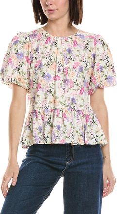 CeCe by Cynthia Steffe Cece Puff Shirred Sleeve Crewneck Linen-Blend Peplum Blouse