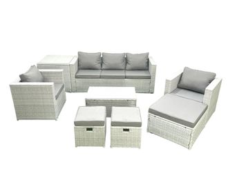 Fimous Rattan Garden Outdoor Furniture Sofa Set with Rectangular Coffee Table 2 Chairs 3 Footstools Side Table Light Grey Mixed