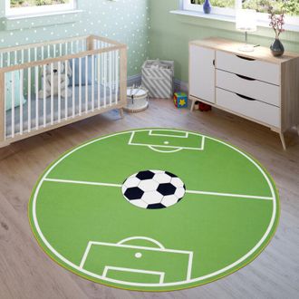 Paco Home Paco Home - Alfombra Infantil Juego Para Dormitorio Niños Diseño Campo De Fútbol En Verde ø 200 cm redondo