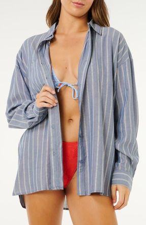 Rip Curl Beach Days Pinstripe Button-Up Shirt in Dusty Blue at Nordstrom, Size Xx-Large