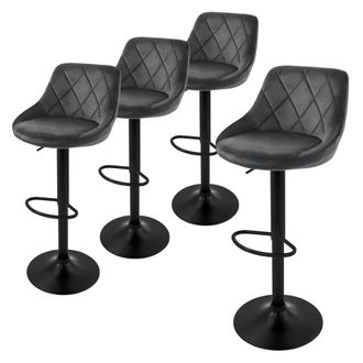 ML Design Ml-design - Set 4x Taburetes De Bar De Terciopelo Gris, Sillas De Mostrador Giratorias 360&deg; Tapizadas Con Altura Regulable 62-82cm, Asiento De Bistro 
