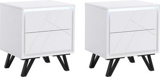 Vente-Unique Lote de 2 mesitas de noche con 2 cajones - Con LEDs - MDF - Blanco lacado - SALIANO