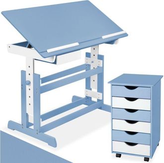 TecTake Scrivania regolabile e inclinabile con cassettiera blu