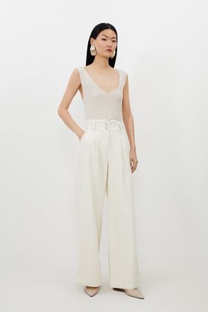 Karen Millen Womens Denim Wide Leg Trousers - Cream Cotton - Size 14 UK