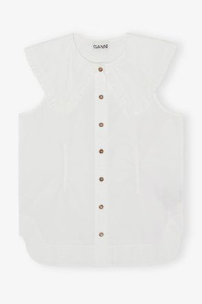 Ganni White Cotton Poplin Sleeveless Frill Collar Shirt - Size 10/12
