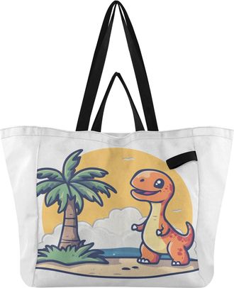 Generic Orange Dinosaur Palm Tree print Reusable Canvas Tote Bag, Heavy Duty Grocery Shopping Bag with Double Handles Large Capacity Hard Bottom Work Grocerie