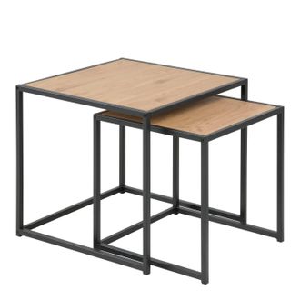 Furniture To Go Seaford Black Metal Nest of Tables with Oak Top in Brown