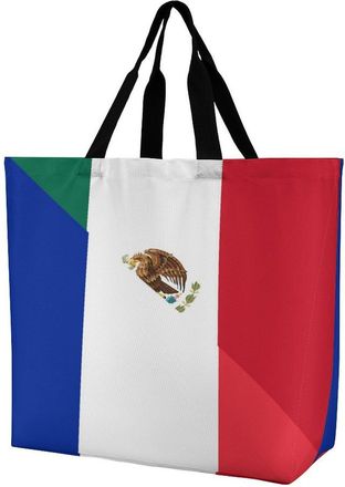 Generic France And Mexican Flag Large Reusable Shopping Bag Lightweight Foldable Tote Bags Washable Shoulder Handbag