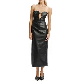 Bardot Eleni Strapless Plunge Neck Faux Leather Midi Dress in Black at Nordstrom Rack, Size 6