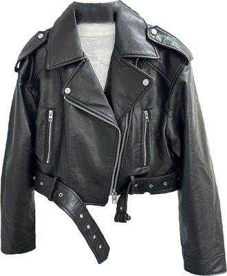 Generic Womens Leather Jacket With Belt, Short Coat With Zipper And Vintage Lapel Jacket faux leather jacket (Black,XS)