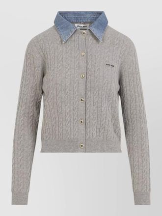 Miu Miu cropped cardigan cable knit denim collar