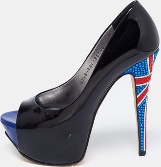 Gina Black Patent Leather Crystal Embellished Peep Toe Platform Pumps