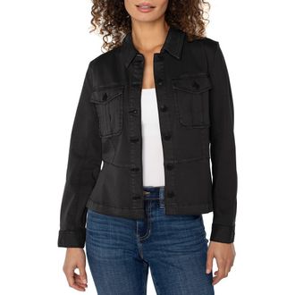 Liverpool L.A. Peplum Twill Trucker Jacket in Onyx at Nordstrom, Size X-Large