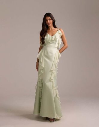 Asos Vestito lungo da damigella in raso e chiffon verde salvia con volant e gonna godet
