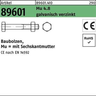 OEM Perno De Construcci&oacute;n R 89601 Ce Tuerca Hexagonal M16x 520 Mu 4.8 Galvanizado 15 Piezas