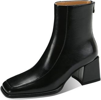 TinaCus Womens Handmade Genuine Leather Chic Square Toe Back Zipper Mid Block Heel Ankle Boots, Black, 2.5 UK