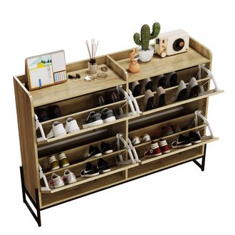 STILVORA Mueble Zapatero Con 4 Abatibles, Estantes Ajustables, Bordes Redondeados, En Tablero De Part&iacute;culas, Natural, 121&times;25&times;91,5 Cm