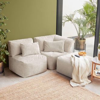 Icon Brand 3pcs Noa Bean Bag, 1x Corner, 1x Recliner, 1x Slab, Jumbo Cord in Cream