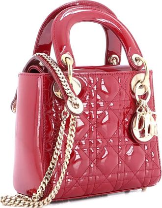 Dior Lady Dior Cannage kleine gelakte tas met ketting - Rood
