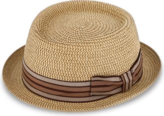 Fiebig Wallku Pork Pie Paper Hat with Coloured Grosgrain Ribbon, Sun Hat Made of 100% Paper, Melange Porkpie in Many Sizes, beige, 57