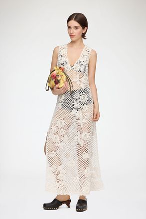Ganni White Long Dress in Cotton Crochet - Size S Organic