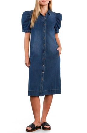Wash Lab Denim Puff Sleeve Stretch Denim Midi Dress in Subway Blue at Nordstrom, Size X-Small