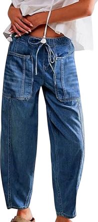 Generic Elastic Waist Jeans for Women Elastic Wide Leg Baggy Jeans with Pockets Plus Size Ladies Jean Size 16 Lightblue