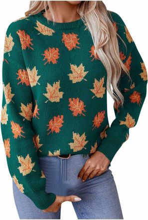 Generic Womens Lightweight Sweaters Oversized Knit Tops Womens Casual Maple Print Crewneck Knit Sweater 2024 Fall Winter Fashion Long Sleeve Graphic Loose Jum