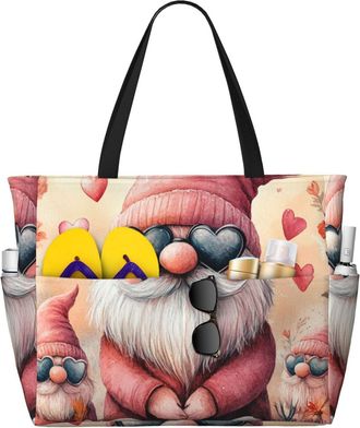 Generic Valentines Gnomes Print Large Beach Bag Foldable Travel Shoulder Tote Bag With Pocket For Weekender Pool Vacation