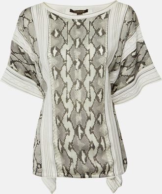 Roberto Cavalli Black & White Printed Silk & Knit Tie Detail Kaftan Top