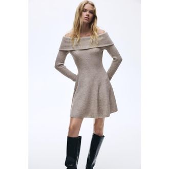H&M Rib-knit Off-the-shoulder Dress in Beige Melange at Nordstrom, Size Xx-Small