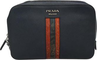 Prada Saffiano Navy Leather Clutch Bag (Pre-Owned)