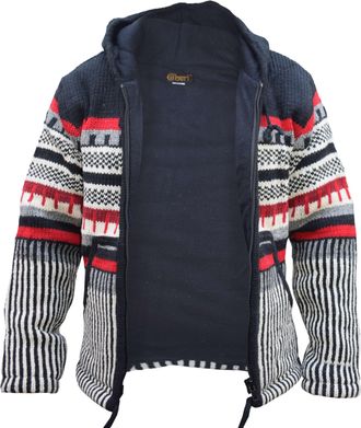 Gheri Mens Handknitted Fair Isle Fleece Lined Woolly Handmade Thick Hooded Festival Jacket Medium