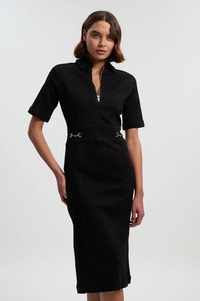 Karen Millen Womens Stretch Denim Snaffle Trim Collared Midi Dress - Black Cotton - Size 8 UK