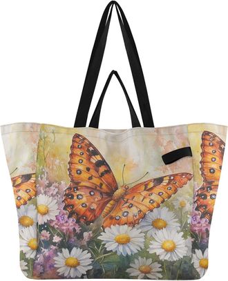 Generic Butterfly Yellow Flowers print Reusable Canvas Tote Bag, Heavy Duty Grocery Shopping Bag with Hard Bottom Double Handles Large Capacity Work Groceries