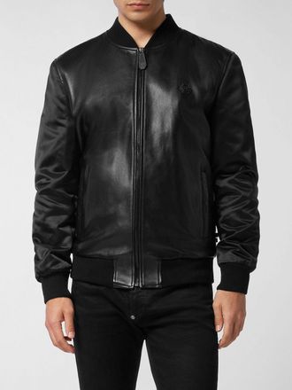 Philipp Plein Smooth Calfskin Leather Bomber Jacket with Zip and Tonal Logo