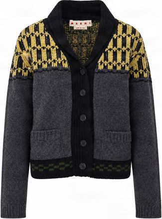 Marni Graphite Intarsia V-Neck Wool Cardigan