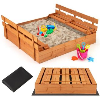 Costway Sabbiera per Bambini in Legno, Sabbiera da Esterno con Coperchio, 2 Panchine con 4 Sedili Larghi e Schienali, Sabbonaia per Giardino, Patio e