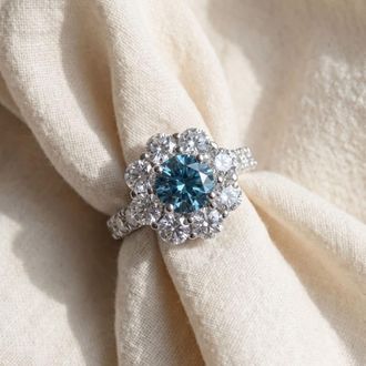 Pompeii3 3 1/2Ct TW Blue & White Diamond Halo Engagement Ring 14k White Gold Lab Grown