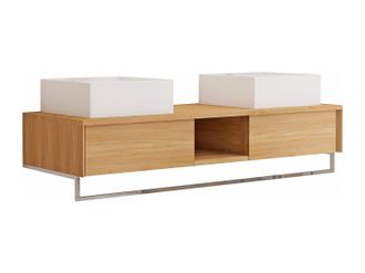 Vente-Unique Mueble de ba&ntilde;o suspendido de teca con toallero y doble lavabo cuadrado de cer&aacute;mica sobre encimera - 140 cm - KUPANG
