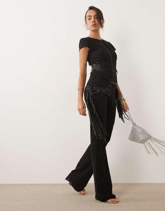 I.AM.GIA Iselda - Pantaloni neri in rete e pelle sintetica con frange in coordinato-Nero