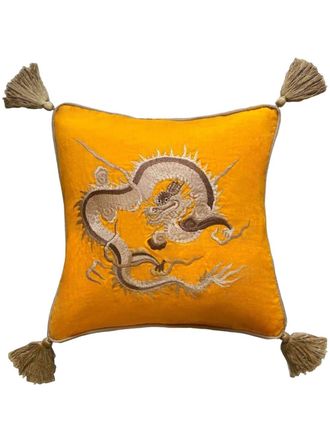 Les-Ottomans Dragon embroidered cushion (50cm x 50cm) - unisex - Cotton/Velvet/Silk - One Size - Yellow