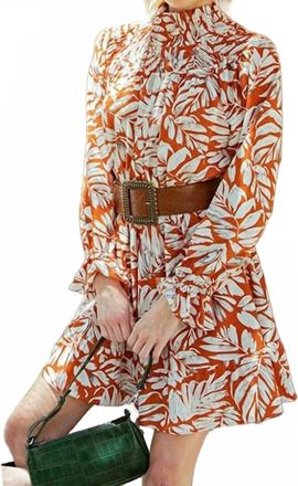 Greek Archaic Kori High Neck Printed Mini Dress With Long Sleeves In Rust