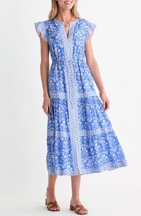 Vineyard Vines Abigail Floral Tie Waist Cotton Blend Voile Dress in Floral Breaker Blue at Nordstrom, Size Large