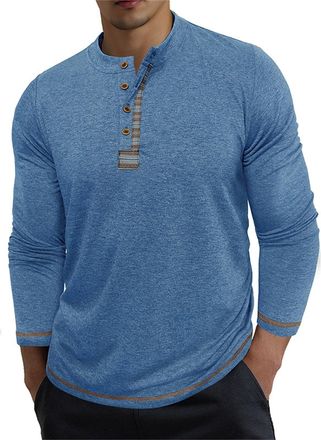 Generic Mens Fashion Spring and Autumn Casual Long Sleeve Button Round Neck Solid Color Long Sleeve T Shirt Top Shirts for Men (Light Blue, M)